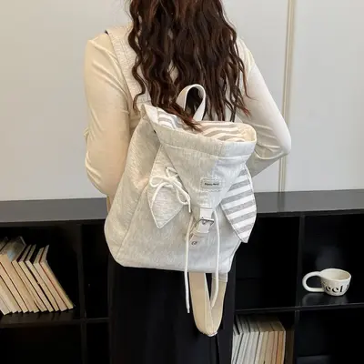 Hooded Bunny Ear Backpack for Women, Drawstring, Preppy Style - 4