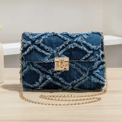 Denim Chain-Strap Flap Small Square Women's Bag with Diamond Quilting - 7
