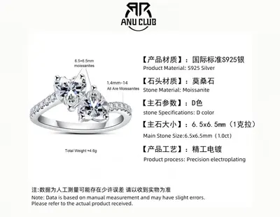 925er Sterlingsilber-Herzring mit 2 Karat Moissanit, offener Ring - 7