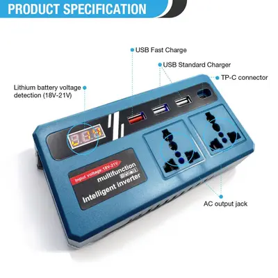 Lithium-Akku-Wechselrichter grenzüberschreitend 18-21V auf 220V Wechselrichter USB/TYPE-C für DeWalt, Makita, Milwaukee Akku (Fuß)