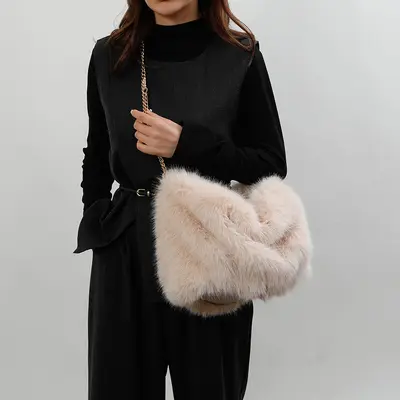 Women's Plush Bag, Faux Fox Fur Look Shoulder Crossbody Bag, Large Capacity Tote - 3