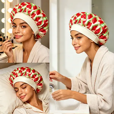 Printed Satin Sleep Bonnet for Women, Wide Elastic Band, Fruit Pattern Hair Cap, Chemo Cap