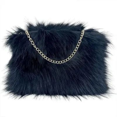 Plush Handbag with Faux Fur Underarm and Chain Evening Bag - 6