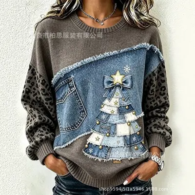 Women's retro Christmas print sweatshirt with round neck, autumn and winter
