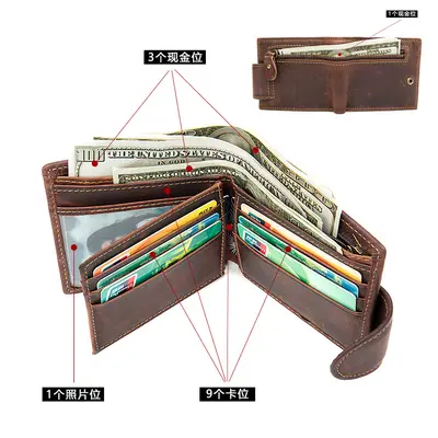 Crazy Horse Leather Men's Short Wallet, Genuine Top-Grain Cowhide - 3