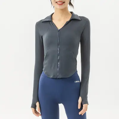 新款个性莱卡瑜伽服女秋冬款V领拉链运动服跑步户外健身服瑜伽服 - 10