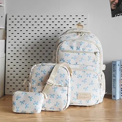 Bow Detail Large-Capacity Student Backpack Three-Piece Set - 8