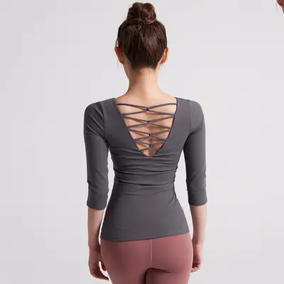 瑜伽服女秋冬长袖运动上衣紧身美背修身显瘦无钢圈健身服一件代发