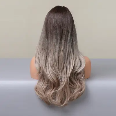 Damen-Langhaarperücke mit Pony, Ombré Aschgrau, Kunstfaser