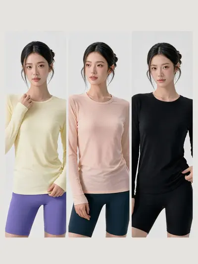 Merino-Wolle Langarm-Damen-Yogashirt, Rundhalsausschnitt - 5