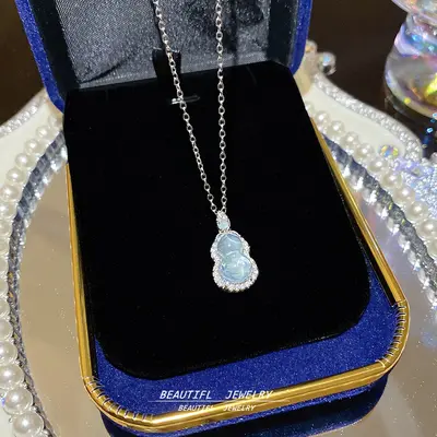 White chalcedony small gourd titanium necklace, Chinese style, collarbone chain - 12