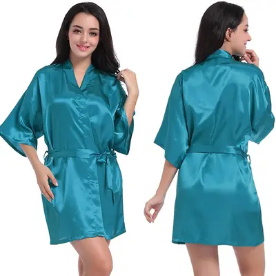 Amazon Grenzüberschreitender Damen-Satinmorgenmantel gedreht, einfarbig glänzend, Sommer dünn, sexy, kurze Strickjacke, Bademantel - 11