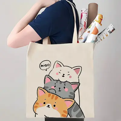 Cross-border popular cute cat print canvas bag shoulder foldable tote bag shopping bag travel bag customizable