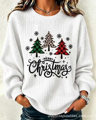Kadın retro Noel baskılı sweatshirt, yuvarlak yaka, sonbahar ve kış - 11
