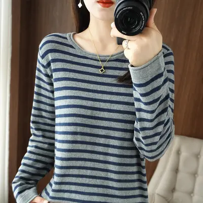 Damen-Strickpullover, 100% Baumwolle, Kontraststreifen, Rundhals