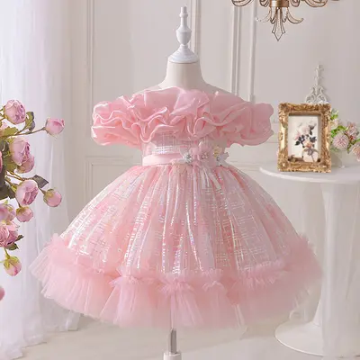 Kız çocuk tek omuz pembe tül prenses elbise çiçek kızı