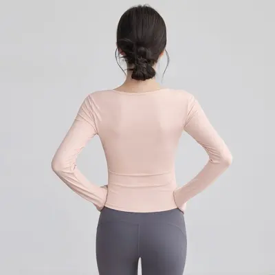 Long-Sleeve Open-Back Pleated Yoga Top with Built-in Bra Pads - 2