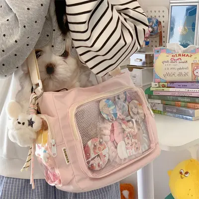 Women's College Style Large Crossbody Bag with Transparent Badge - 9