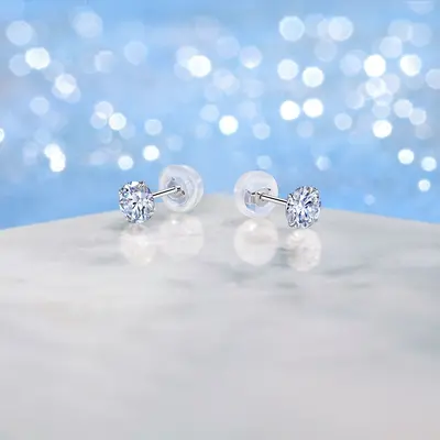 S925 Silver Moissanite Stud Earrings, Four-Claw Round Design, Silicone Earring Backs - 2