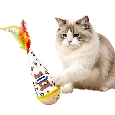 Katzenangel mit Federn und Stehaufball, bissfest - 6