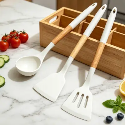 Rutschfeste Silikon-Kochbesteck-Set mit Holzgriff, Küchentools Kochbesteck-Set, Wok-Spatel, Suppenkelle, Siebkelle-Set