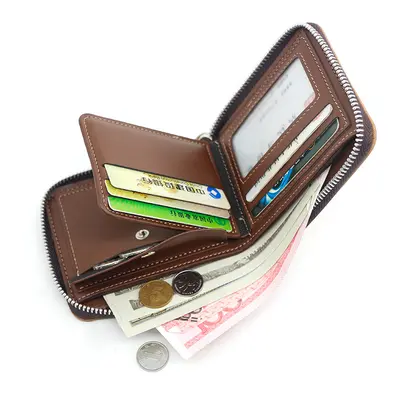 Men's Short Zip Bi-Fold Wallet, Retro Matte PU, Coin Pocket - 3
