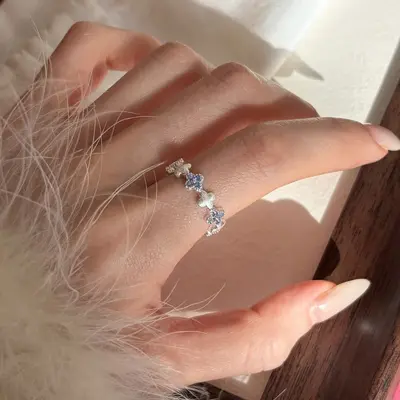 S925 sterling silver clover crystal ring, brushed, adjustable - 3