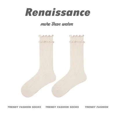 Women's Mid-Calf Lace Socks, Solid Dopamine Colour, Spring and Autumn