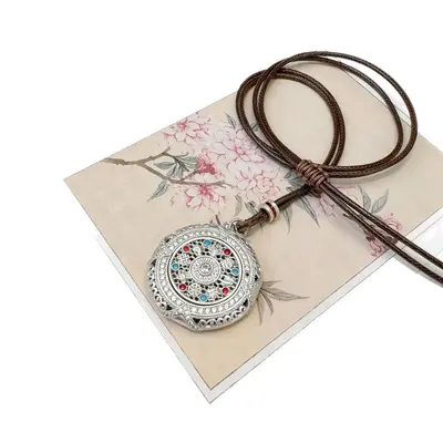 Silver rotatable Eight Treasures compass pendant, long sweater chain - 6