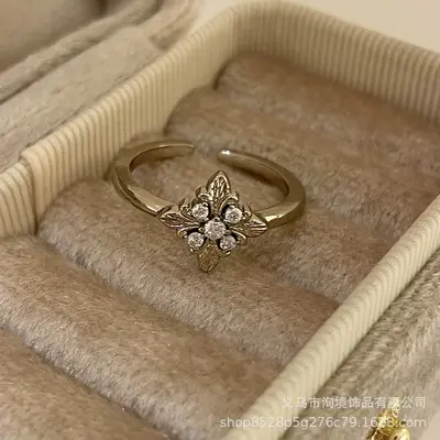中古鸢尾花十字咖啡金戒指女款复古小众设计感独特叠戴食指戒指环 - 9