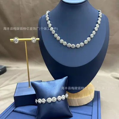Round Button Full Rhinestone Necklace, Bracelet and Earring Set - 12