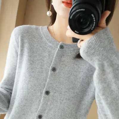 Women's OL Style Elegant Long-Sleeve Round Neck Straight-Cut Knit Cardigan Sweater - 7