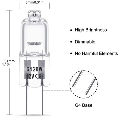 G4 pin halojen lamba, 12V 10W 20W, 2900K sıcak ışık