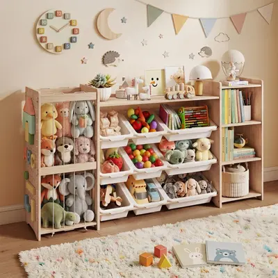 Çapraz Sınır Katı Ahşap Oyuncak Rafı Montessori Anaokulu Oyuncak Depolama Rafı Çok Katmanlı Kitaplık Çocuk Oyuncak Saklama Rafı