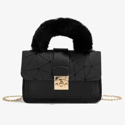 Women's Chain Handbag, Geometric Print Plush, Small Square Design - 8