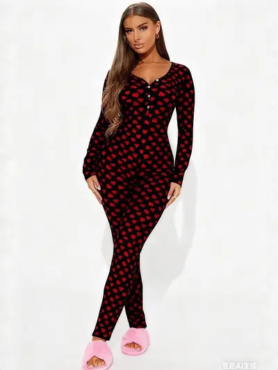 Valentine's Day Printed Jumpsuit with Open Back Button Detail, Sexy Sleepwear
