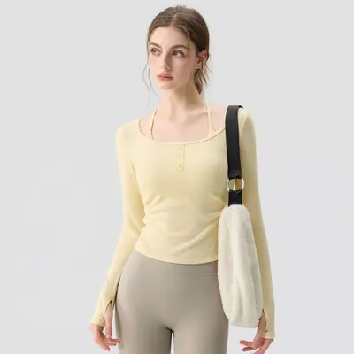 Women's Yoga Set with Chest Pads, Long Sleeve Fake Two-Piece Strappy Activewear - 6
