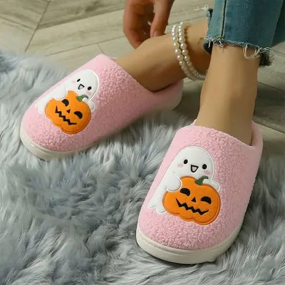Halloween Pumpkin Cartoon Warm Winter Cotton Slippers, Unisex Couple Style