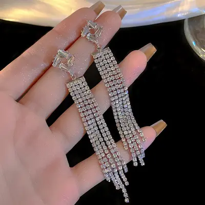 Gümüş iğne lüks saçak küpe uzun taş detay - 11