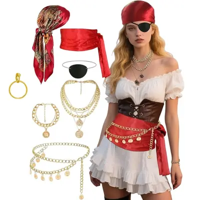 Women's Pirate Costume Set with Waist Chain, Halloween Cosplay - 8