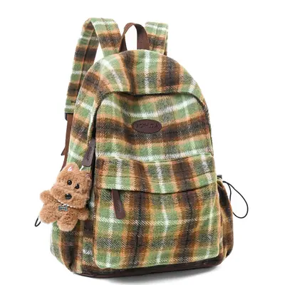 Retro Wool Plaid Women's Backpack for High School and University Students - 9