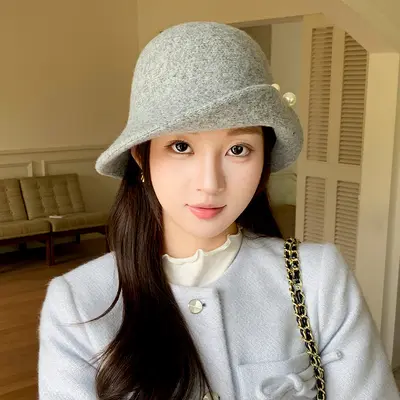 French Pearl Button Wide Brim Felt Fisherman Hat, Women's Autumn Winter
