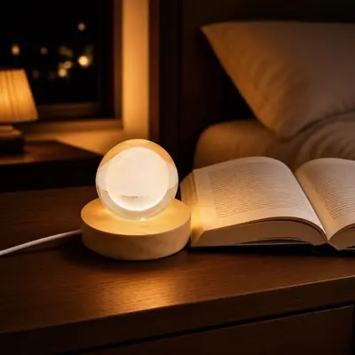 Üretici, stokta mevcut kauçuk ahşap LED lamba kristal tabanlı USB arayüzlü ahşap süs gece lambası yuvarlak lamba tutucu tedarik ediyor.
