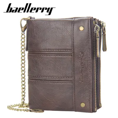 BAELLERRY Men's Short Wallet, Vertical Design, Double Zipper, Retro Coin Pocket - 1