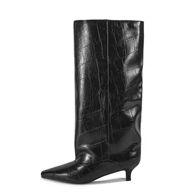 European and American Style Foreign Trade Kitten Heel Oversized Wide-Barrel Design Irregular Stone Pattern Individual Knee-High Boots Plus Sizes 35-45