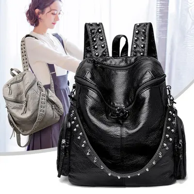 Rivet Washed Leather Backpack Large Capacity Multi-Pocket - 1