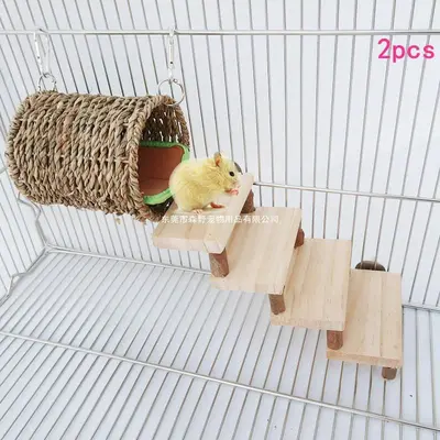 Holz-Kauspielzeug für Hamster, Röhren-Set mit Treppe und Nest, 2-teilig