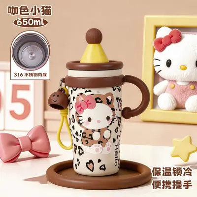 Leopard Print KT Cat Insulated Tumbler with Straw for Girls - 10