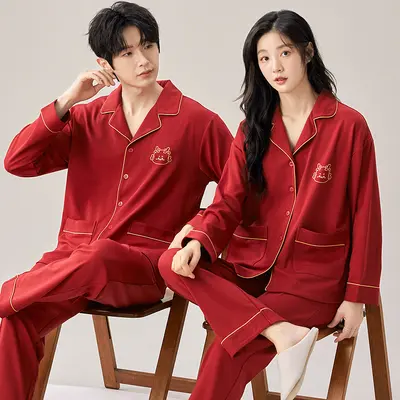 Couple's Home Wear Set, Long Sleeve Button-Up Pajama Set for Men and Women - 7