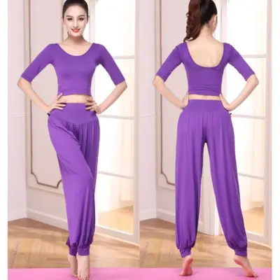 Lantern Pants Yoga Set, Modal Chest Pad Women's Dance Outfit, Loose Fit - 3